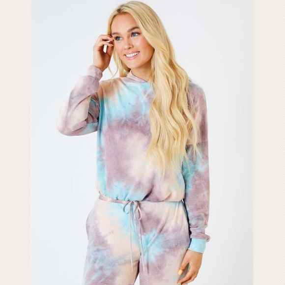 Hayley Tie Dye Hooded Lounge Cropped Top NEW - Picture 2 of 5